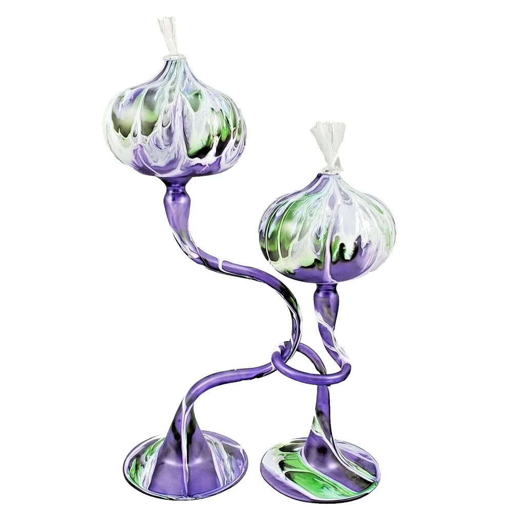 Flame Glow Oil Lamp Penco Hand Blown Glass Intertwined Stems Candle Purple Green
